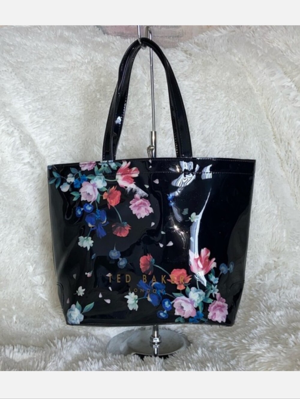 Ted Baker London Black Patent Floral Tote with Multicolor Blooms